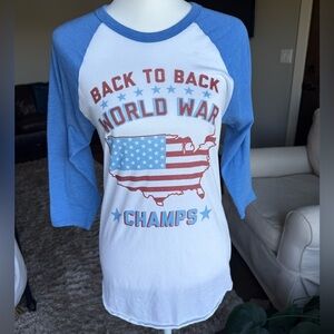Back to Back World War Champions Unisex SMALL Patriotic Baseball Tee